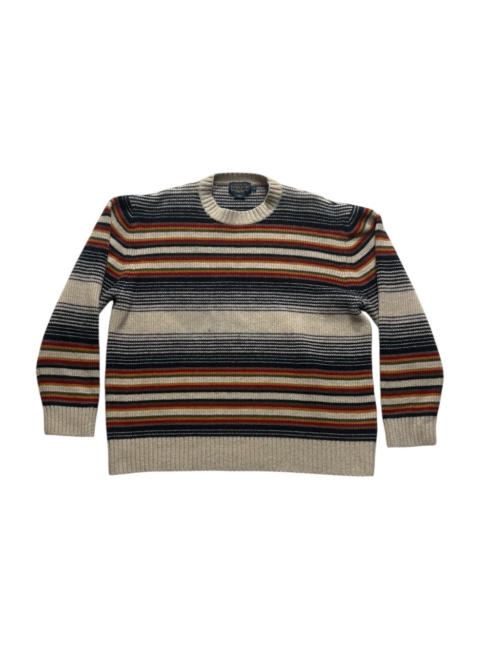 Vintage Pendleton Beige Crewneck Sweater with Navy & Rust Stripes 100% wool